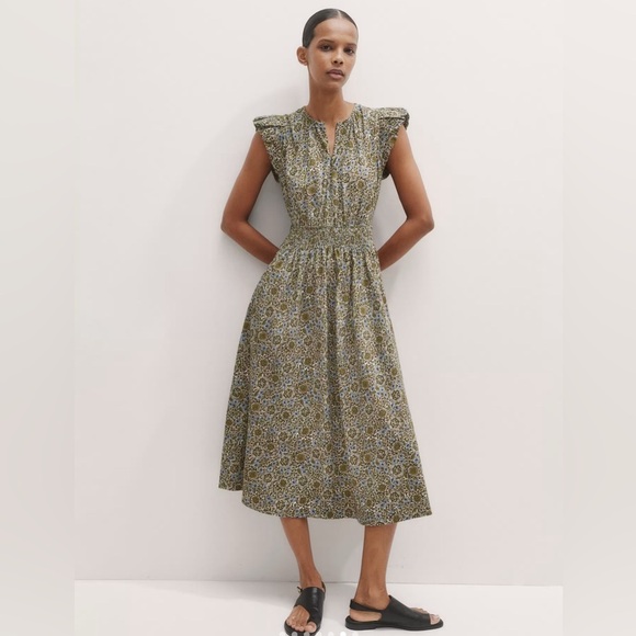 Me + Em Cotton Trailing Lotus Print Midi Dress Size 4 Olive Green Blue Floral - Picture 1 of 16